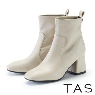 【TAS】百搭顯瘦彈力羊皮粗高跟襪靴(米白)