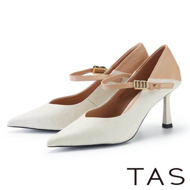 【TAS】異材質拼接尖頭瑪莉珍高跟鞋(米色)