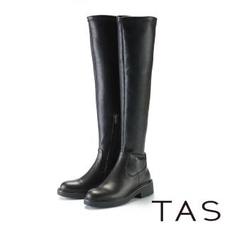 【TAS】牛皮拼接彈力超纖低跟過膝靴(黑色)