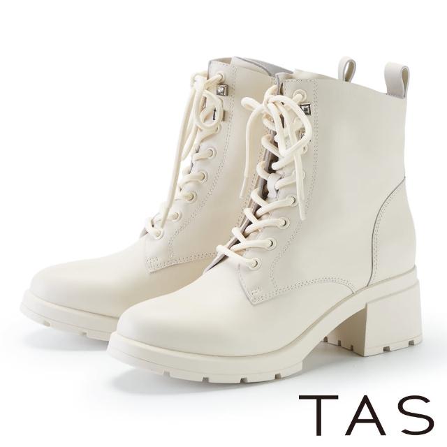 【TAS】率性綁帶真皮中跟經典短軍靴(米色)