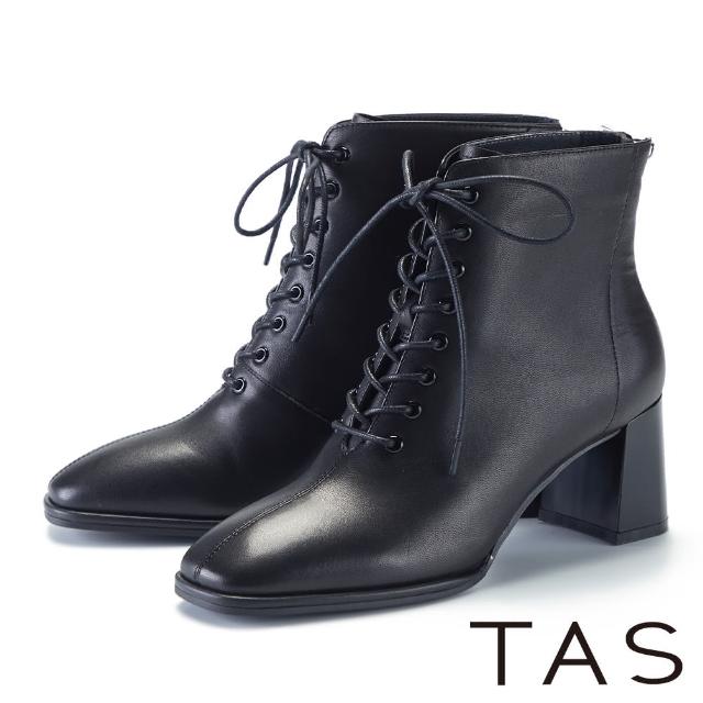 【TAS】方頭中線羊皮綁帶粗高跟短靴(黑色)