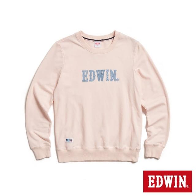 【EDWIN】女裝 再生系列 CORE 刺仔繡拼布LOGO厚長袖T恤(淡粉紅)