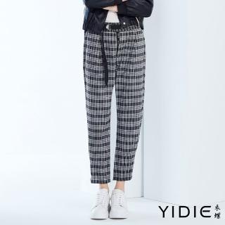 【YIDIE 衣蝶】不對襯腰頭格紋哈倫七分褲-黑