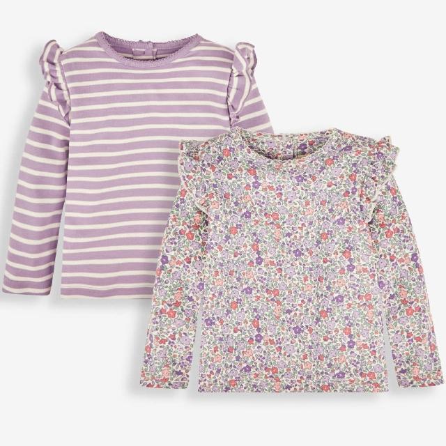 【JoJo Maman BeBe】幼/兒童100%純棉長袖上衣 2 件組/可當內搭_淺紫碎花(JJL1544)