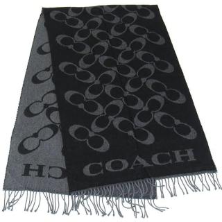 【COACH】黑灰滿版LOGO喀什米爾羊毛義大利製大款披肩圍巾