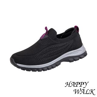 【HAPPY WALK】透氣休閒鞋 網布休閒鞋/個性流線透氣飛織網布拼接休閒健步鞋(黑玫紅)