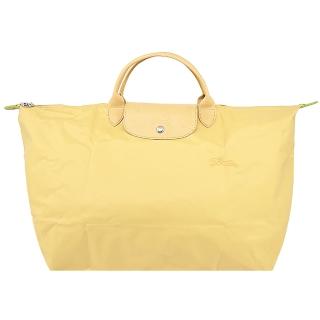 【LONGCHAMP】LE PLIAGE GREEN系列刺繡短把再生尼龍摺疊旅行袋(小/小麥黃)