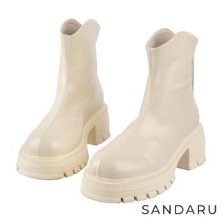 【SANDARU 山打努】短靴 圓頭中線V口鋸齒厚跟低筒靴(米)