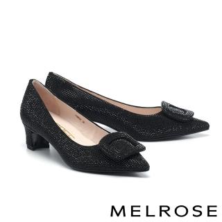 【MELROSE】美樂斯 奢華美學方釦水鑽麂布尖頭高跟鞋(黑)