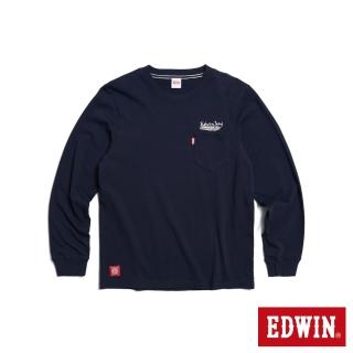 【EDWIN】男裝 厚磅口袋長羽毛造型長袖T恤(丈青色)