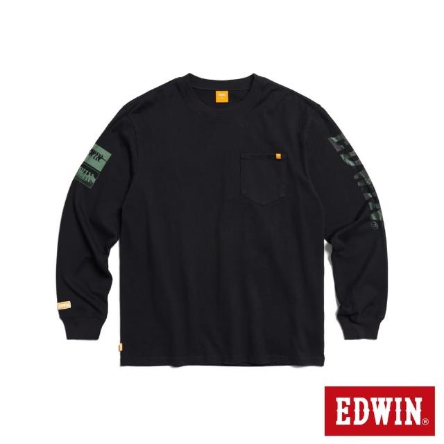 【EDWIN】男裝 橘標 寬版超重磅小口袋長袖T恤(黑色)