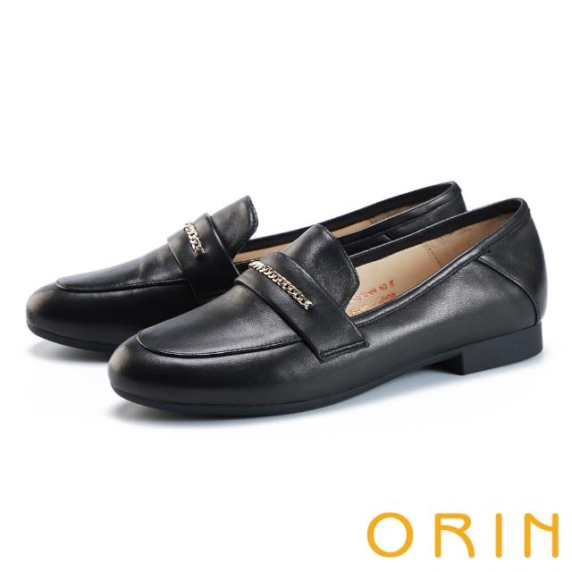 【ORIN】金屬鍊條真皮樂福平底鞋(黑色)