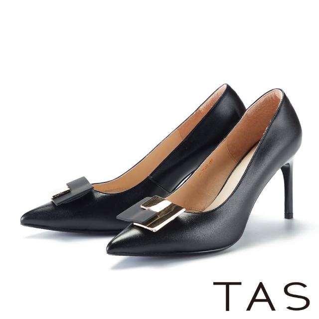 【TAS】金屬方釦羊皮尖頭高跟鞋(黑色)