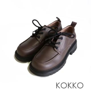 【KOKKO 集團】復古質感牛皮方圓頭綁帶厚底牛津鞋(咖啡色)