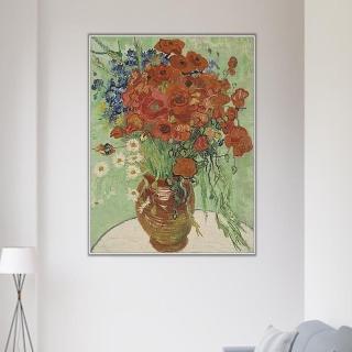 《雛菊和罌粟花》梵谷．後印象派 世界名畫 經典名畫 風景油畫-白框60x80CM