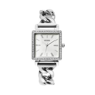 【GUESS】白面 銀殼 晶鑽方型腕錶 牛仔鍊式不鏽鋼錶帶 女錶(W1030L1)