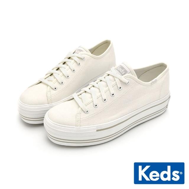 【Keds】TRIPLE UP 小心機厚底帆布綁帶休閒鞋-白(9231W133505)