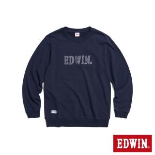 【EDWIN】男裝 再生系列 CORE 刺仔繡拼布LOGO厚長袖T恤(丈青色)