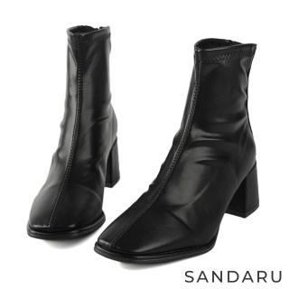 【SANDARU 山打努】短靴 方頭素面高跟顯瘦短靴(黑)