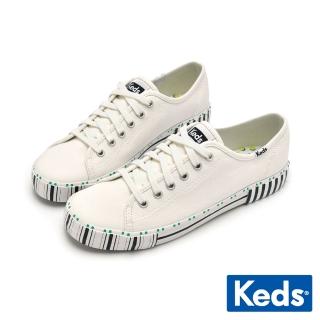 【Keds】KICKSTART 復古橫直條線型帆布休閒鞋-白(9231W123482)