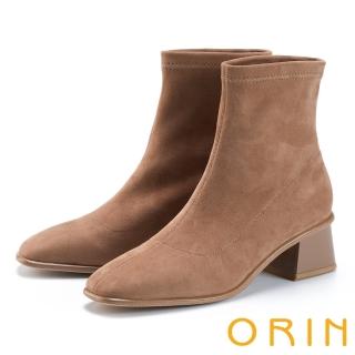 【ORIN】輕奢彈力方頭粗跟貼腿短靴(棕色)