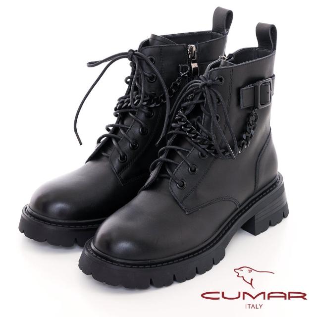 【CUMAR】溝紋底綁帶鍊條短靴(黑色)