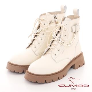 【CUMAR】溝紋底綁帶鍊條短靴(米白色)