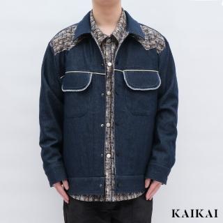 【KAI KAI】編織條拼接牛仔外套(男款 日本厚磅牛仔 拼接丹寧夾克 百搭牛仔外套)