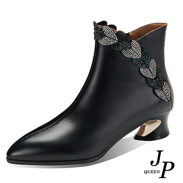 【JP Queen New York】愛心亮片尖頭金屬粗跟短靴(黑色)