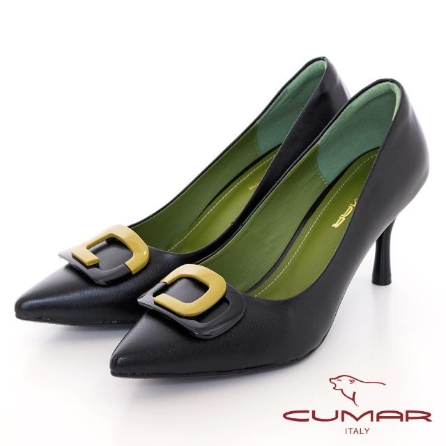 【CUMAR】配色飾釦尖頭高跟鞋(黑色)