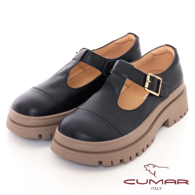 【CUMAR】溝紋底大頭T字帶厚底鞋(黑色)