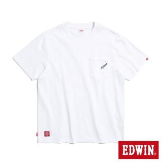 【EDWIN】男裝 寬版口袋羽毛銀飾造型繡花短袖T恤(白色)