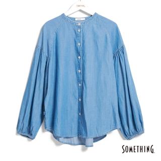 【SOMETHING】女裝 泡泡袖開襟長袖襯衫(拔洗藍)