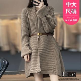 【JILLI-KO】慵懶風針織外套女中長款外搭風衣寬鬆中大尺碼-F(咖/卡)