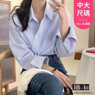 【JILLI-KO】不規則條紋襯衫女設計感寬鬆長袖上衣中大尺碼-F(黑/藍)