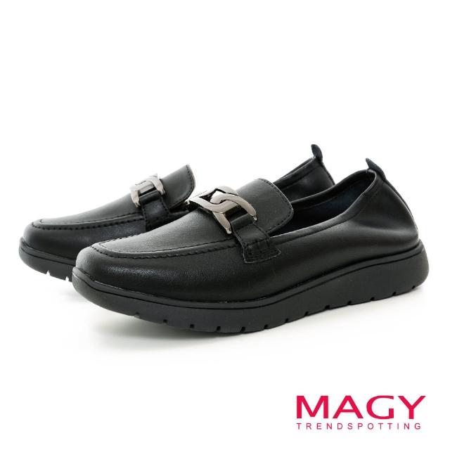 【MAGY】輕量親膚牛皮休閒鞋(黑+銀釦)