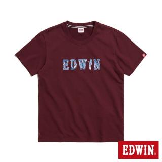 【EDWIN】男裝 羽毛紋牛仔貼布LOGO短袖T恤(朱紅色)
