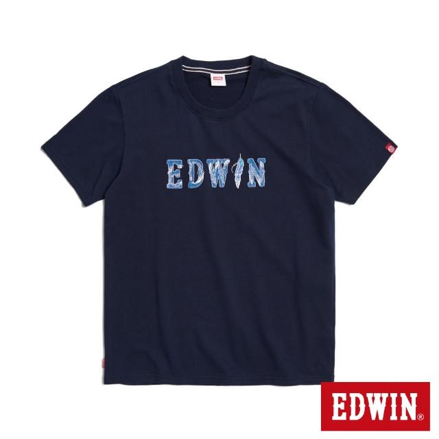 【EDWIN】男裝 羽毛紋牛仔貼布LOGO短袖T恤(丈青色)