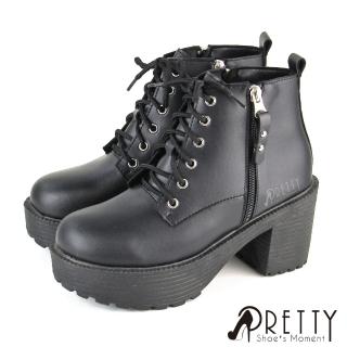 【Pretty】女 高跟短靴 馬丁靴 粗跟 防水台 綁帶 拉鍊 台灣製(黑色)