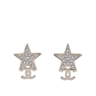 【CHANEL 香奈兒】CC Logo 水鑽星星造型針式耳環(金色)