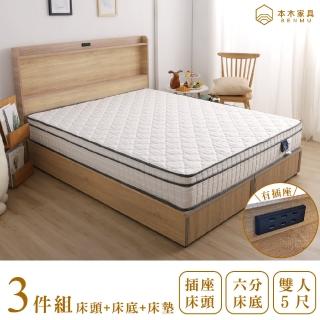 【本木】羅格 日式插座三件組-床墊+床頭+六分加厚床底(雙人5尺)