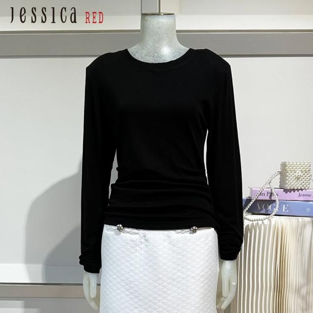 【Jessica Red】修身百搭皺褶收腰圓領長袖內搭T恤R35603（黑）