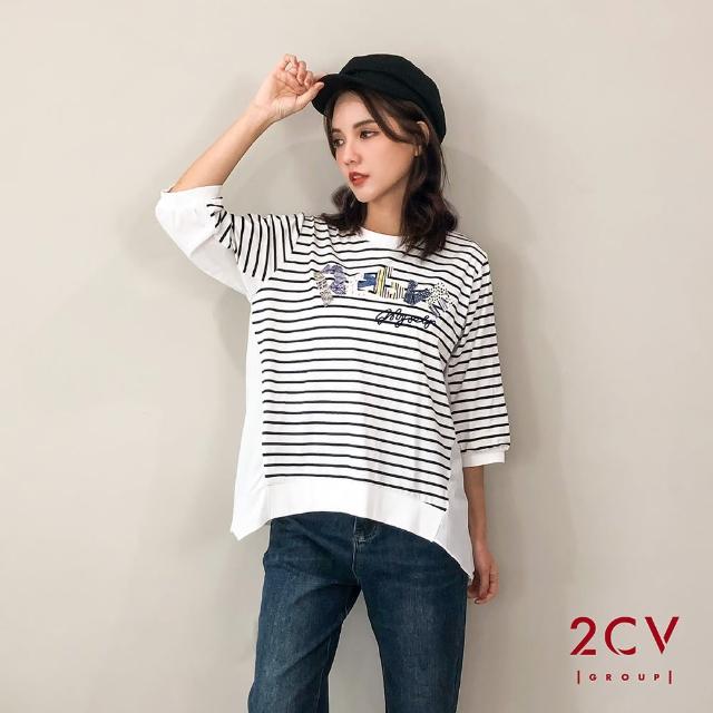 【2CV】現貨 冬新品 拼接條紋棉質上衣QU091