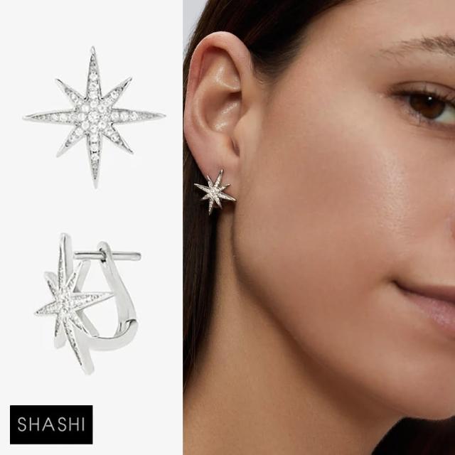 【SHASHI】紐約品牌 LACEY 鑲鑽北極星C形耳環 銀色星星耳環(北極星)
