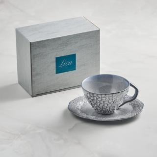 【有種創意食器】日本美濃燒 - 繡花咖啡杯碟組 - 灰色(2件式 - 330 ml)
