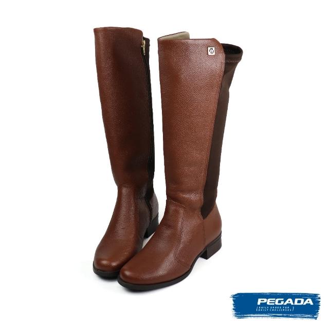【PEGADA】經典素面真皮萊卡拼接長靴 棕色(282063-BR)