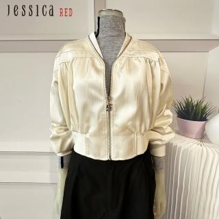 【Jessica Red】時尚休閒收腰拉鏈V領短外套R35009（米）