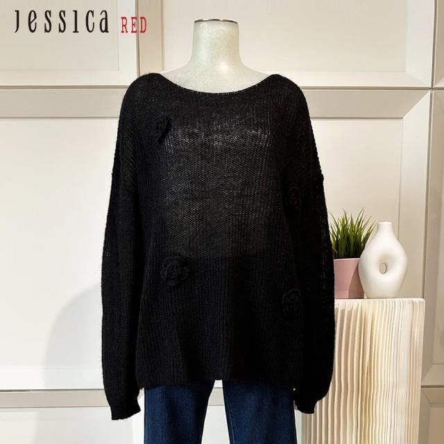 【Jessica Red】輕薄甜美立體花朵寬鬆鏤空毛衣R34501（黑）