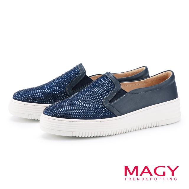 【MAGY】燙鑽牛皮厚底休閒鞋(藍色)
