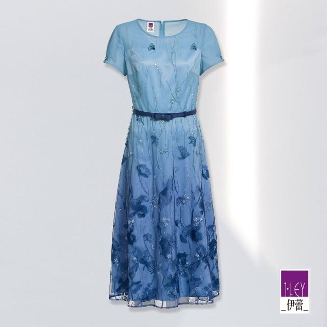 【ILEY 伊蕾】低調優雅漸層網紗刺繡蕾絲洋裝(藍色；M-XL；1223077136)